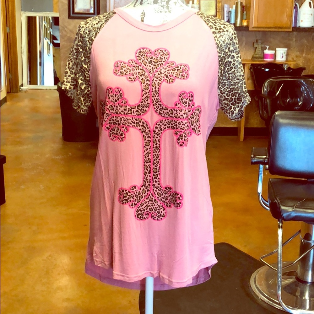 Leopard Cross on Pink Shirt